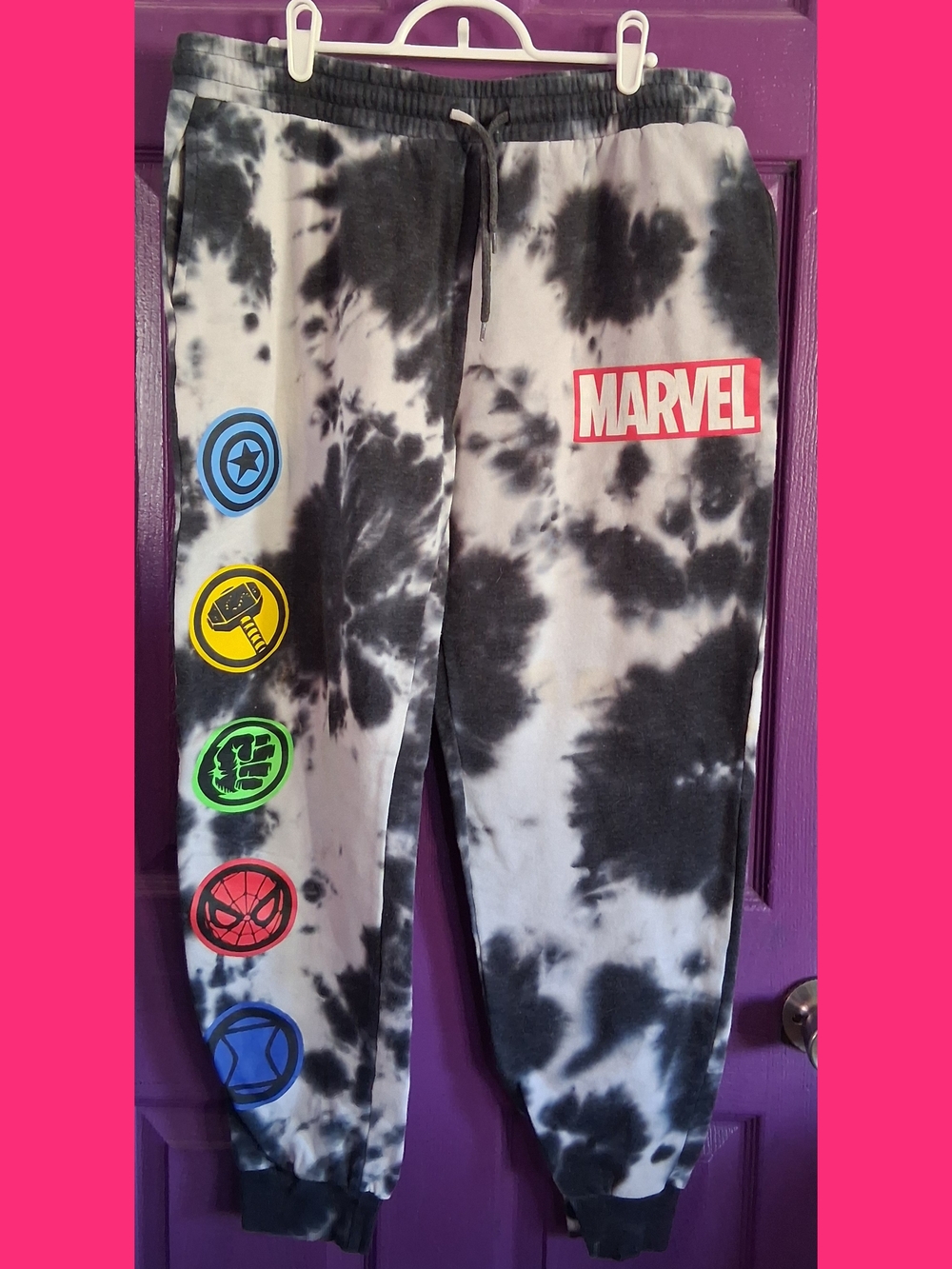 Marvel Black & White Tie-Dye Jogger Pants with Colorful Hero Icons